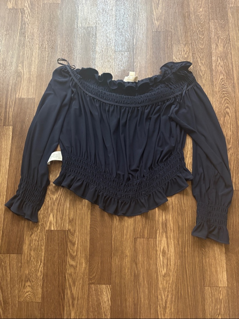 Michael Kors Navy Off-Shoulder Smocked Peasant Blouse